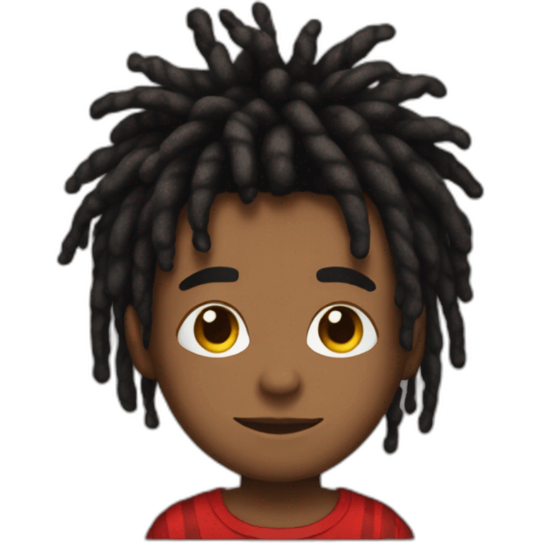 Brownskin boy with red and black striped dreads,  black t shirt,  not smiling emoji