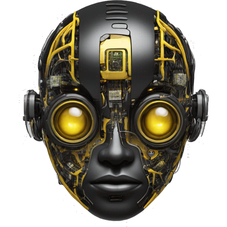 black and yellow cyborg head with circuitry and artificial eyeball emoji