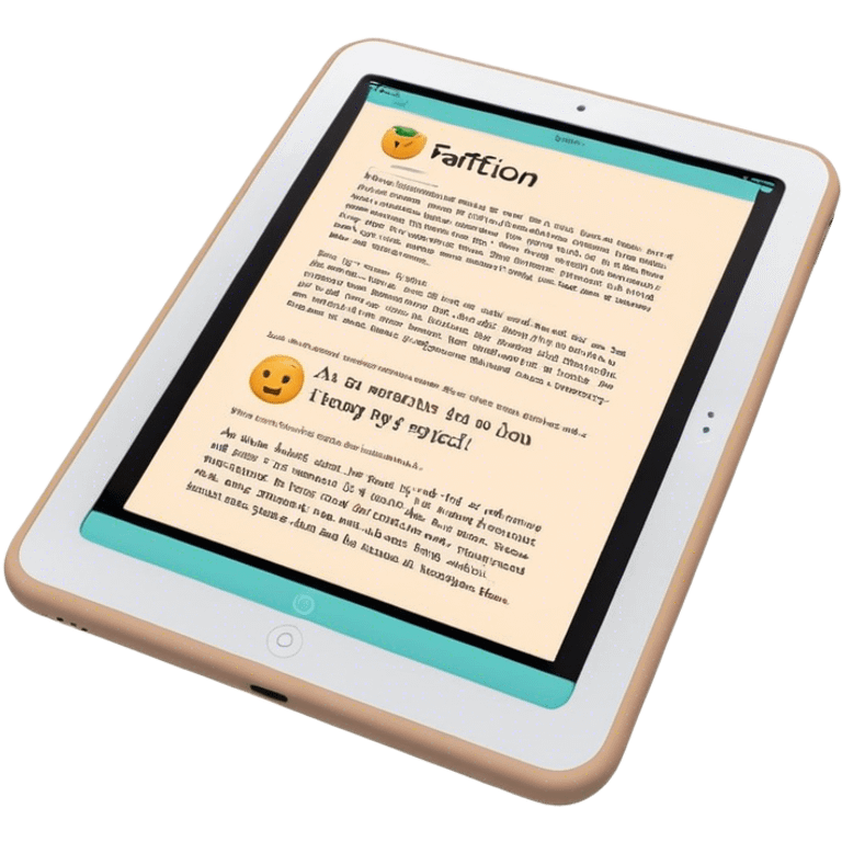 Create an emoji representing fanfiction writing. The design should feature a digital device tablet with visible text, symbolizing the creative process of writing fanfiction. Add a subtle reference to popular fictional characters or universes to indicate the fan aspect. Use a playful, imaginative color palette, blending vibrant tones with soft neutrals. Do not include any emojis or smiley faces. Make the background transparent. emoji