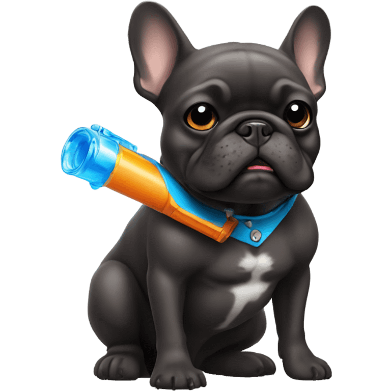 dark brawn french bulldog holding  a water pistol emoji