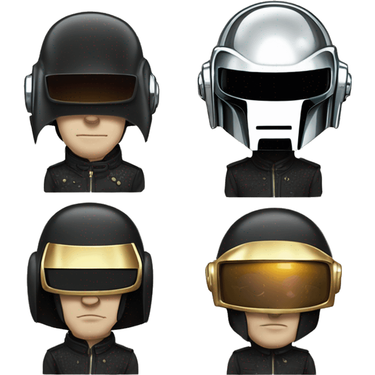 I'd love to see an artwork of Daft Punk, but with a twist. Could you create an illustration where their heads and helmets are shaped like beans? Think of their iconic look but with a fun, bean-themed design emoji