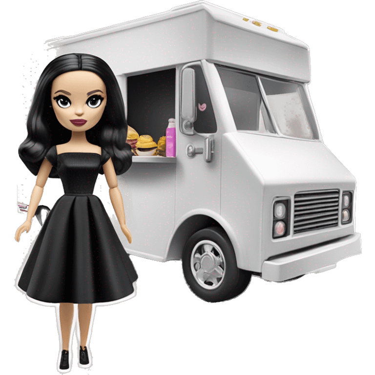 Wednesday Addams Barbie’s Food Truck.  Small very light skin face. Black eyeshadow. Earrings matching necklaces. Long silky raven hair. black flowing strapless tight evening gown neckline that’s off-the-shoulders shows her legs and black high heel arms up emoji