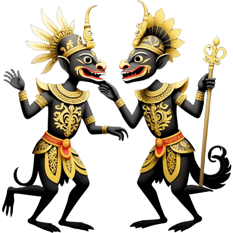 Wayang – Cinematic Realistic Wayang, depicted as intricately carved traditional Indonesian shadow puppets with expressive features and vibrant cultural motifs, set against a dark, dramatic backdrop with subtle glowing highlights that evoke the mystical art of shadow play. emoji