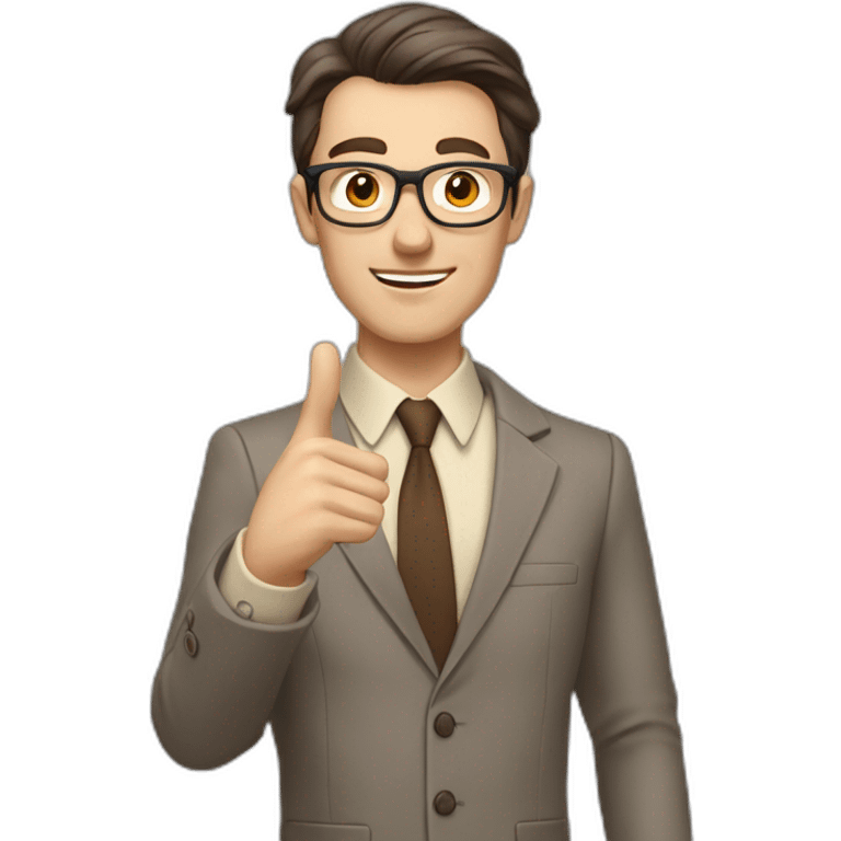 To belt Actively gesturing with hands Okay Pale skinned fit man with dark brown hair in gray jacket, beige office shirt, brown tie, brown pants and vintage glasses. emoji