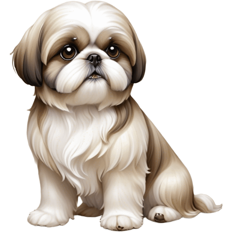 Cinematic Noble Shih Tzu Portrait Emoji, Poised and elegant, with a luxurious, flowing fur in refined muted tones, delicate features and wise, gentle eyes, simplified yet meticulously detailed, glowing with a soft, regal radiance, high shine, exuding quiet dignity and timeless charm, soft glowing outline, capturing the essence of a noble Shih Tzu that epitomizes refined poise! emoji