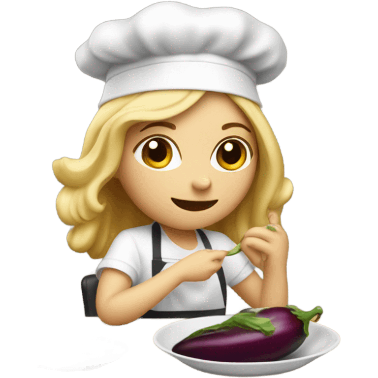 Blonde white girl eating eggplant (the eggplant is wearing a chef’s hat) emoji