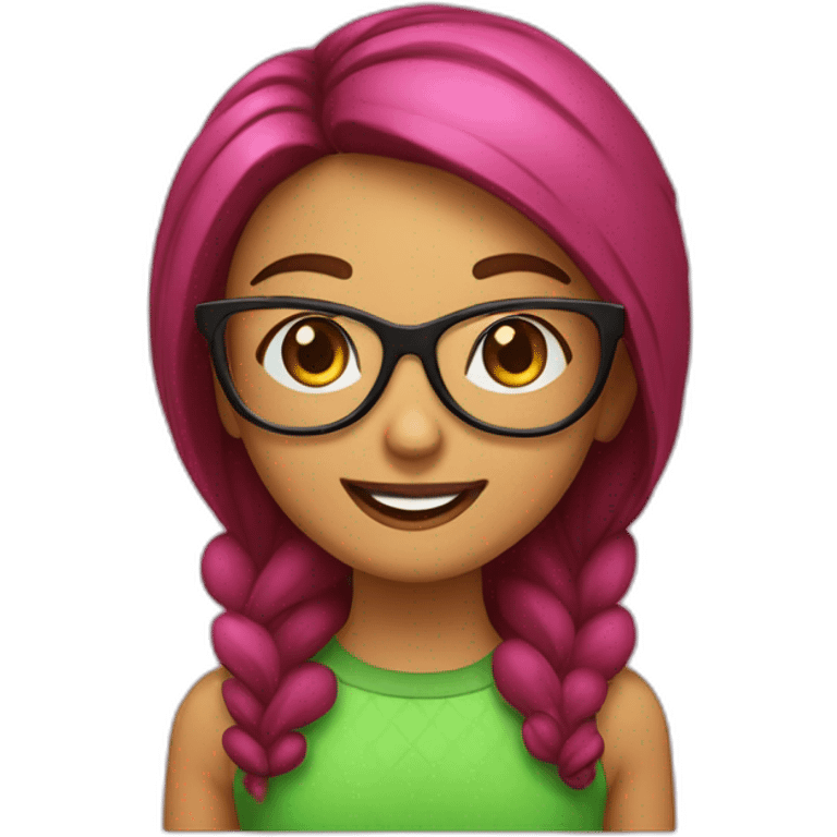 Chica Con coleta y color marrón con gafas verdes, sonrisa amplia y labios pintados de rosa emoji