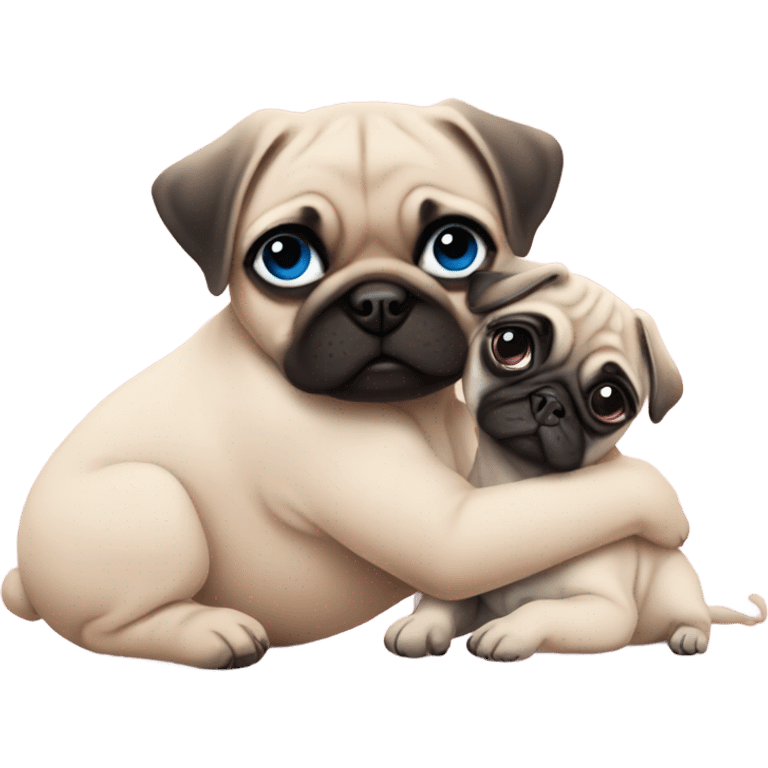 1 Baby pug with big blue eyes hugging a baby pug with pink eyes  emoji