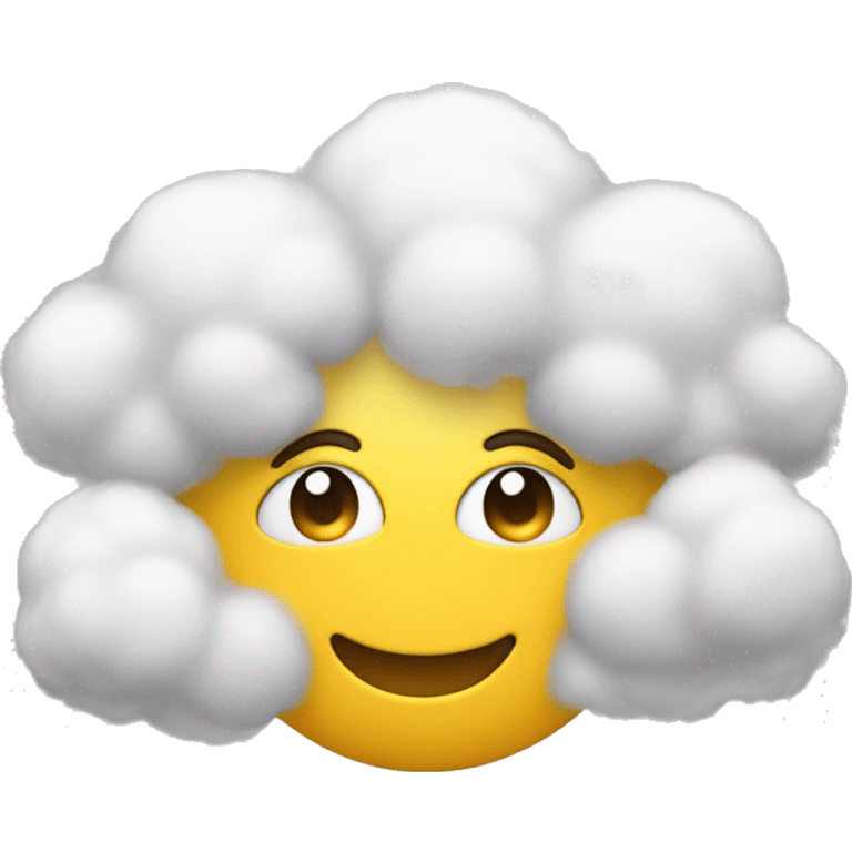 A yellow round emoji with hands on the cheeks, blushing eyes and there is a fluffy white cloud under emoji