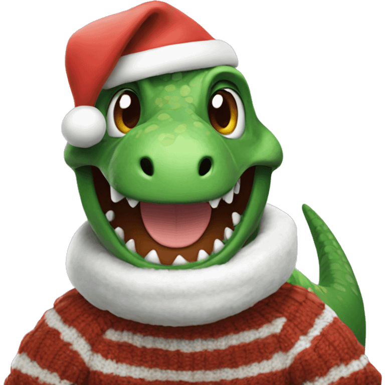 dinosaur with a Santa hat and sweater on smiling  emoji