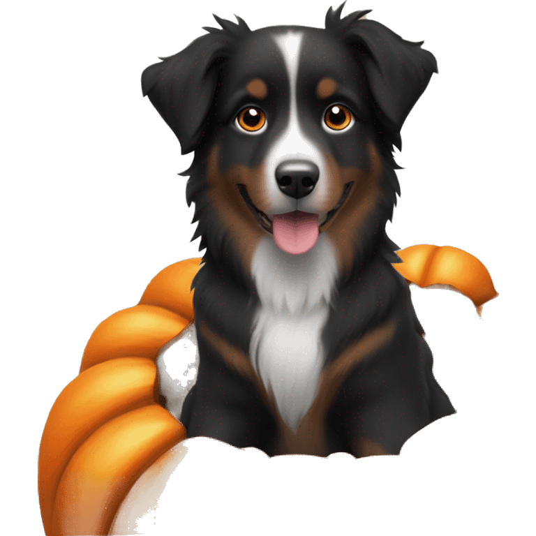 Small black australian shepherd dog in a pumpkin emoji