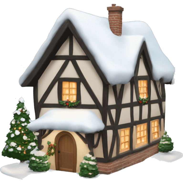 coquette style English Christmas cottage with snow emoji