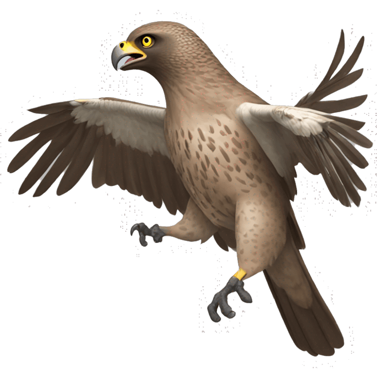 a brown goshawk attacking with his claws, beak open and he is turning right emoji