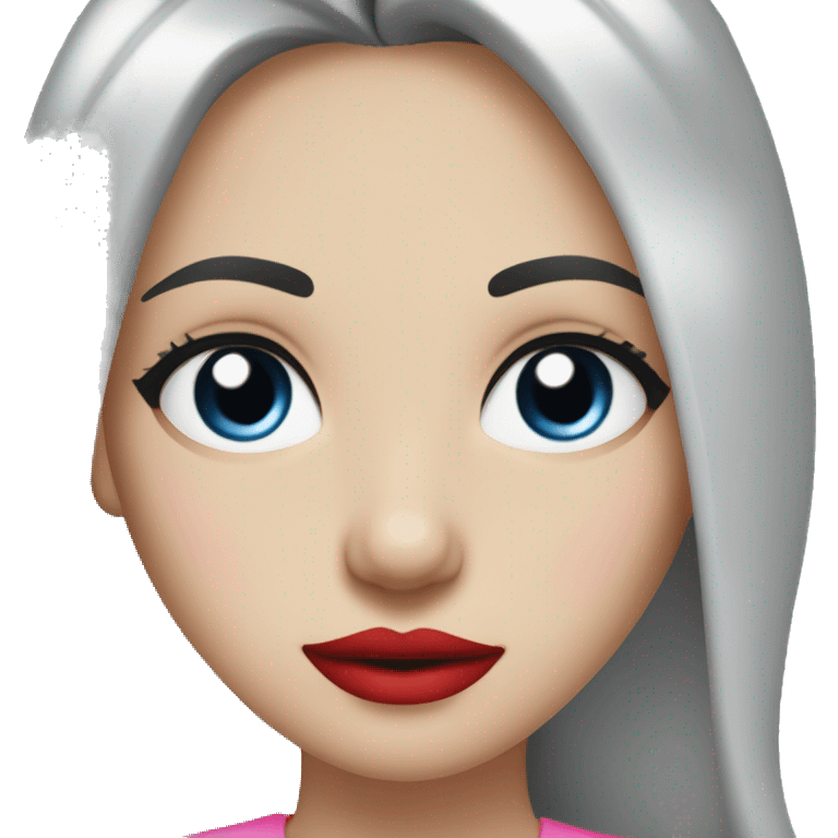 A girl with pale skin, long straight black hair parted in the middle and blue eyes with long eyelashes, bright red lips, wearing a pink shirt  emoji