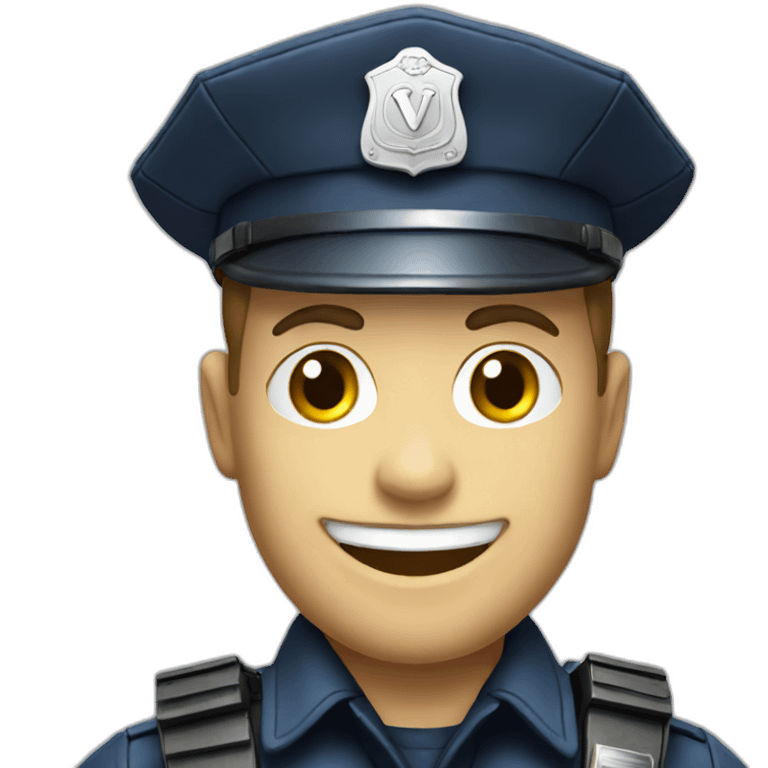 realistic photo of a smiling policeman showing a capital letter V emoji