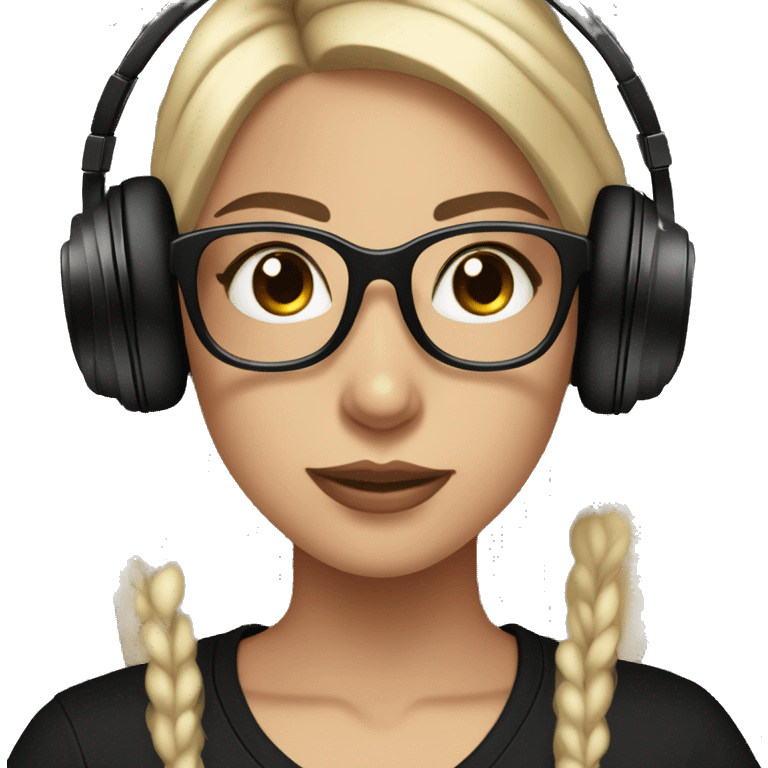 Fair skinned girl with brown eyes and long straight black hair with a black t shirt with glasses on with headphones on mixing on a dj mixer emoji