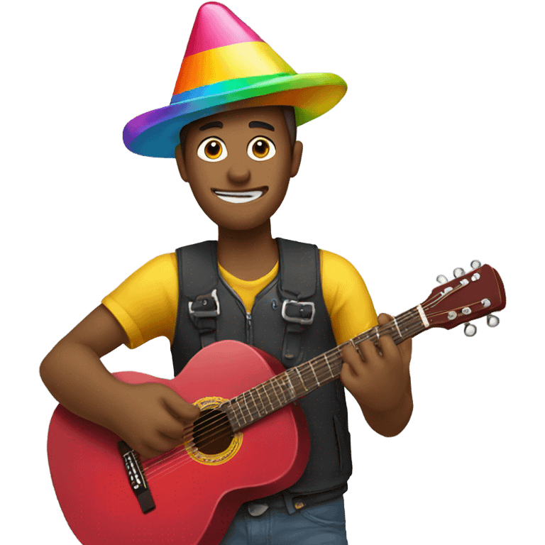 Guy holding guitar wearing party hat emoji