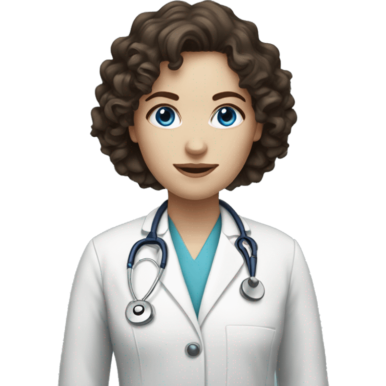 Female, blue eyes, pale skin, dark brown long curly hair Doctor emoji