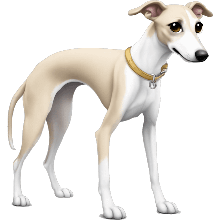 a beige whippet full body with his left foot white color up up and a leash going out of frame, with a dark snout, black and white mouth patchy and black angel wing like eyes emoji