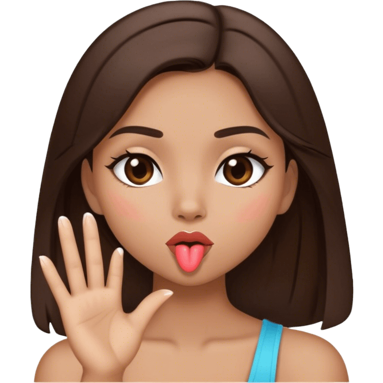 brunette girl, a tone not so dark but not so light, with straight dark brown hair who is blowing a kiss emoji