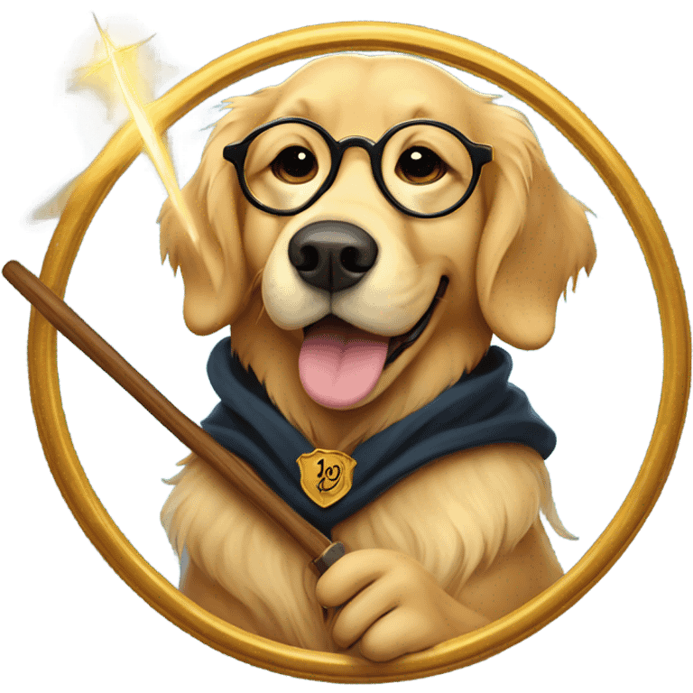 Golden retriever in hogwarts robes holding a wand in mouth wearing circular framed glasses emoji