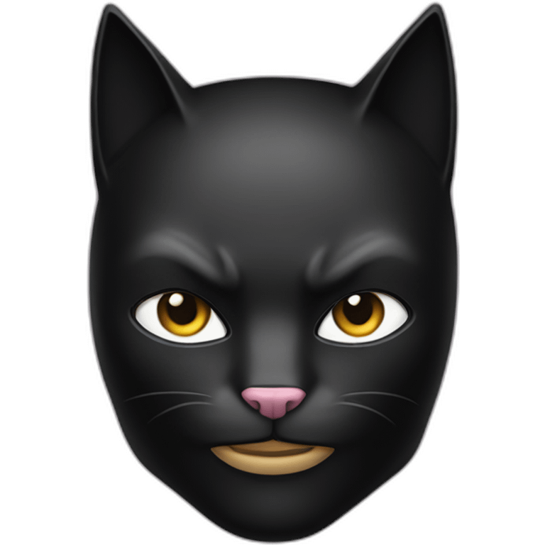 White and black cat wearing a full face black batman mask emoji