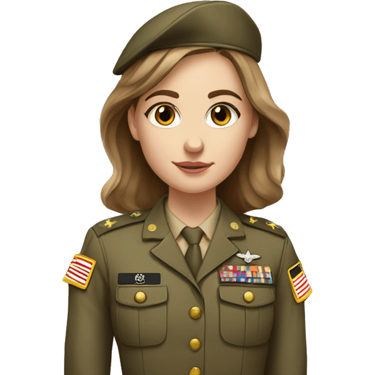 White girl in army uniform with brown hair and hazel eyes emoji