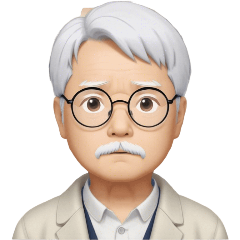 ​Cinematic Realistic Portrait of Hayao Miyazaki, depicted with striking white hair, defined black eyebrows, and large rectangular glasses, his thoughtful expression rendered in lifelike detail against a background of whimsical Studio Ghibli-inspired sketches, illuminated with soft, realistic lighting that emphasizes his creative genius, emoji