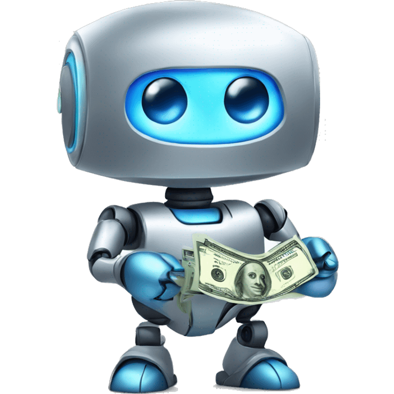 cute silver big-blue-eyed robot holding money emoji