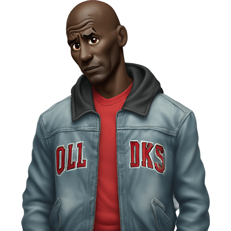 Michael Jordan in a jacket holds his head and is sad photorealistic serious emoji