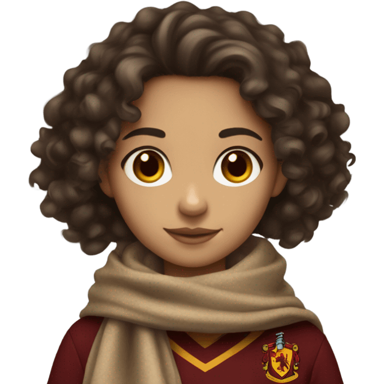 Curly-haired brunette girl with white skin, brown eyes and wearing a Gryffindor scarf emoji