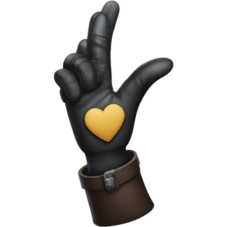 "like thumb" with a medieval black leather glove, white heart in the palm and harry potter style emoji