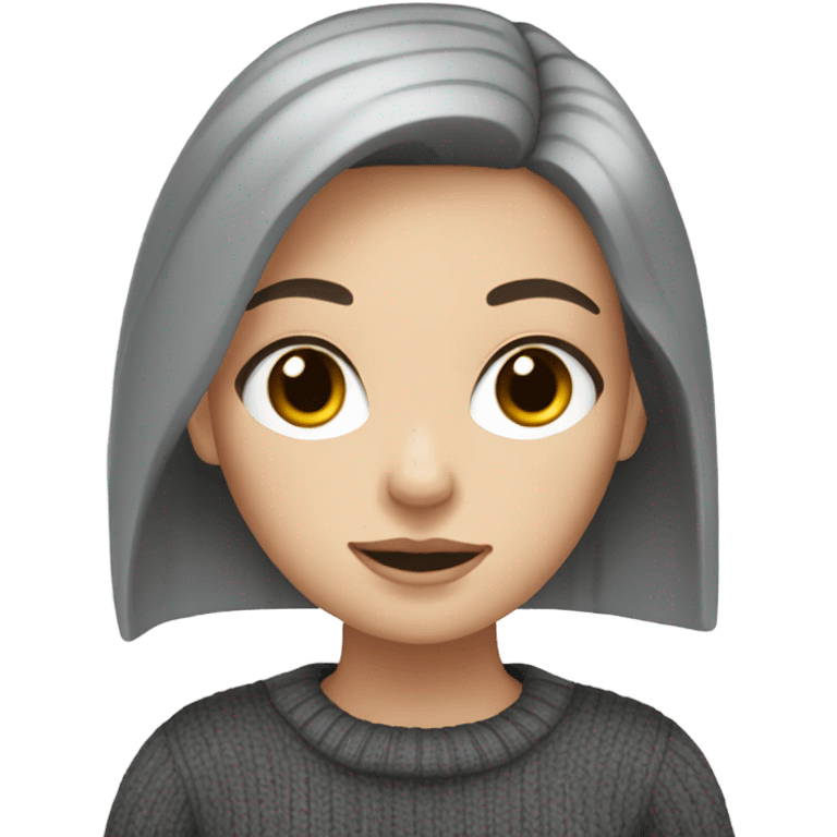 White girl with black hair wearing a grey sweater  emoji