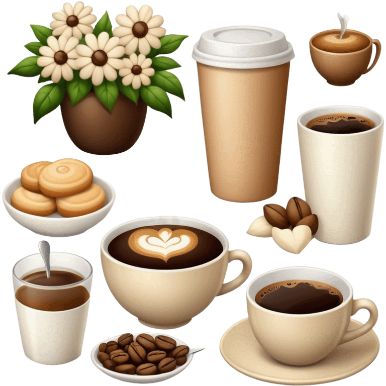 Beige set of coffee, flowers, food emoji