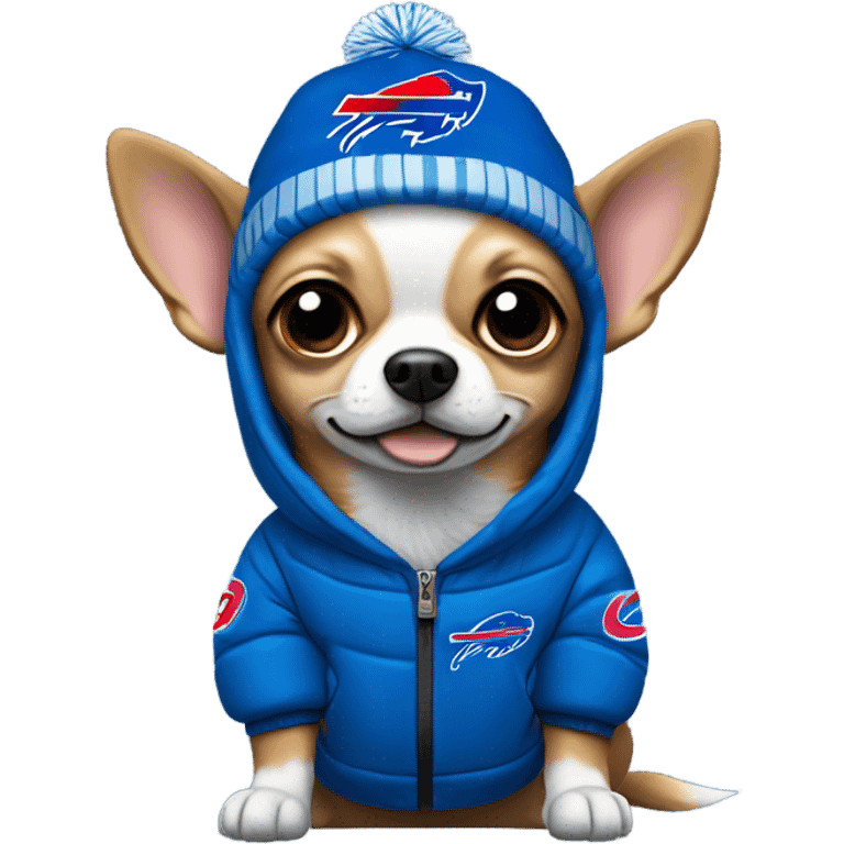 Chihuahua with a Buffalo Bills winter outfit emoji