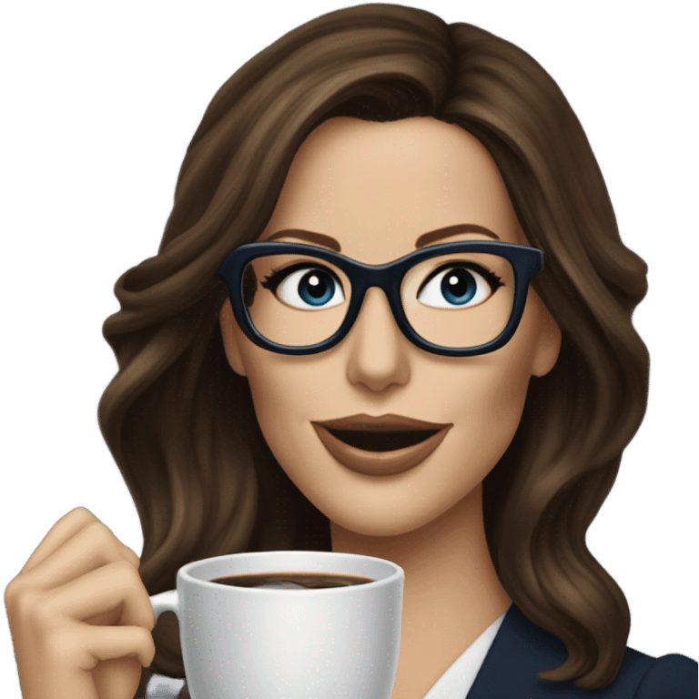 Hyper Realistic Kate Beckinsale dark blue eyes wearing glasses in a business dress drinking coffee happy  emoji