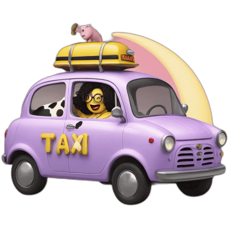 Oprah is mr blobby with a sword eating a live cow in a yellow taxi on the moon emoji