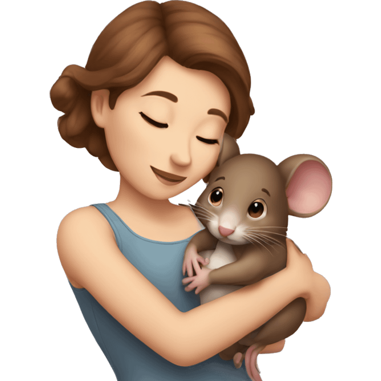 Woman brown hair hugging a little mouse emoji