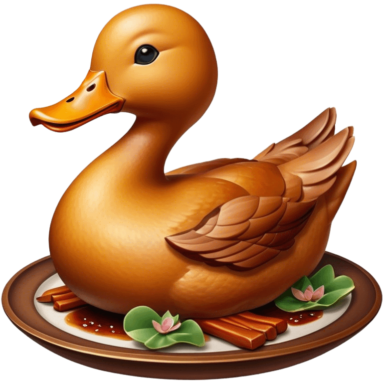 Cinematic Realistic Peking Duck Dish Emoji, depicted with crispy, roasted duck with glistening skin and succulent meat, rendered with rich textures and dramatic, appetizing lighting. emoji