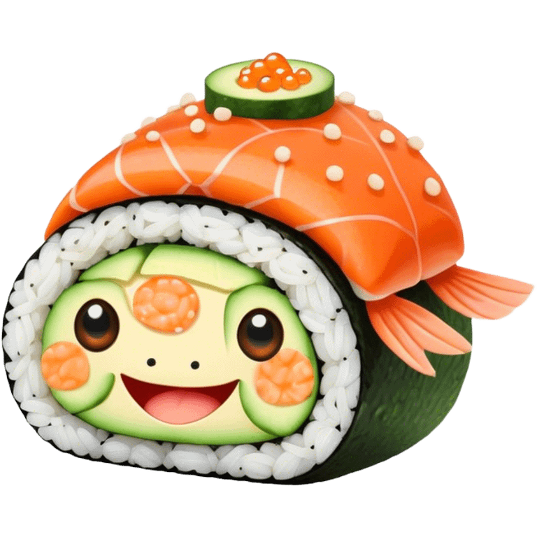 Cute Kawaii California Roll, tiny and round, cute layers of avocado, crab, and cucumber, wrapped in bright orange fish roe, a joyful winking face, tiny sesame seed freckles! emoji