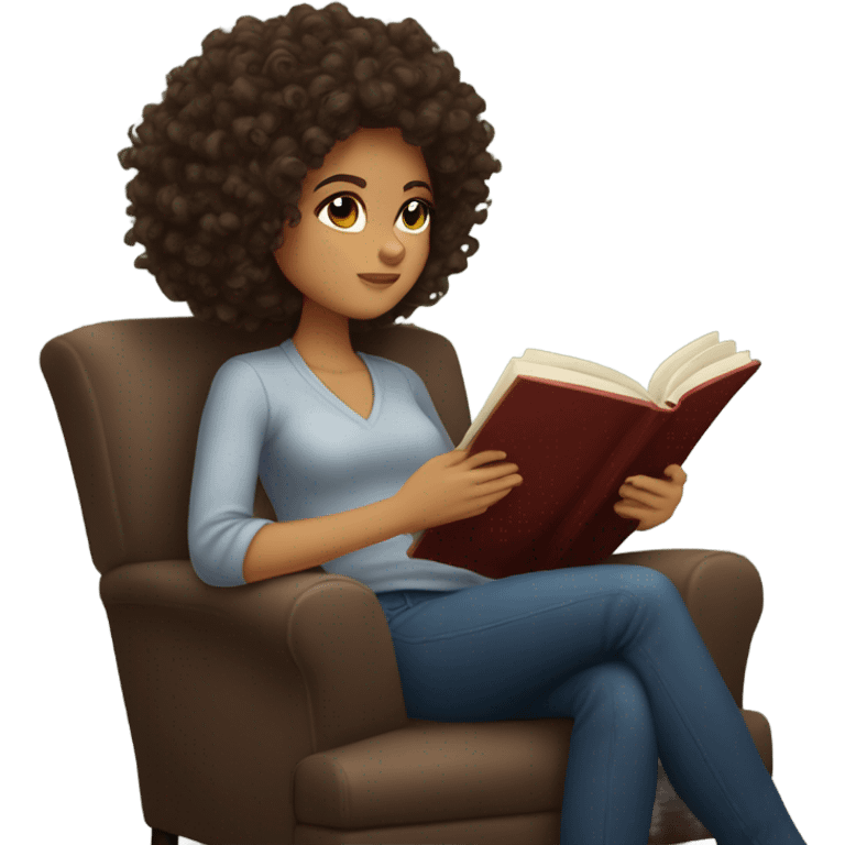 brunette curly hair reading a book in a chair cozy aesthetic emoji