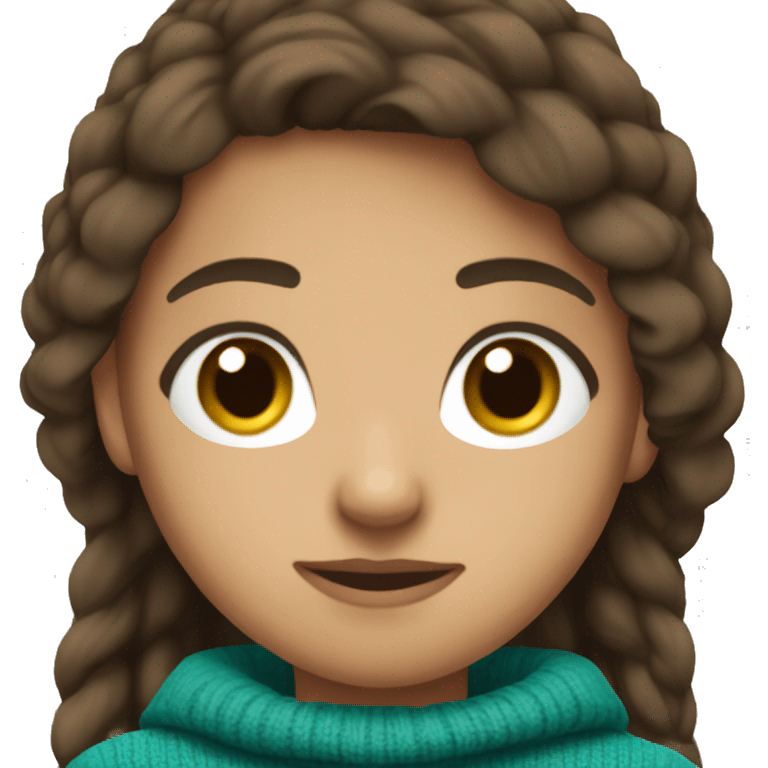 teenage girl, hispanic, long brown hair, brown eyes, teal sweater, winter sweater emoji