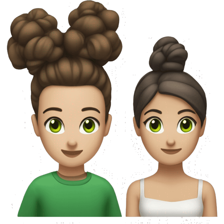 Female Brunette hair up in a bun with brown eyes with a male green eyes and brunette hair next to each other  emoji