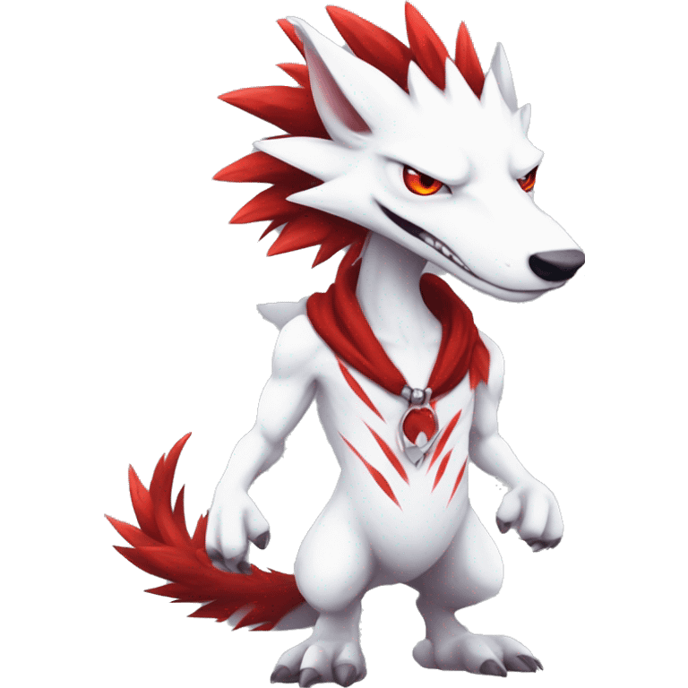 White edgy cute badass epic anthro modern albino sergal-vernid-Fakémon with red mane and red eyes with red edgy stripes, full body emoji