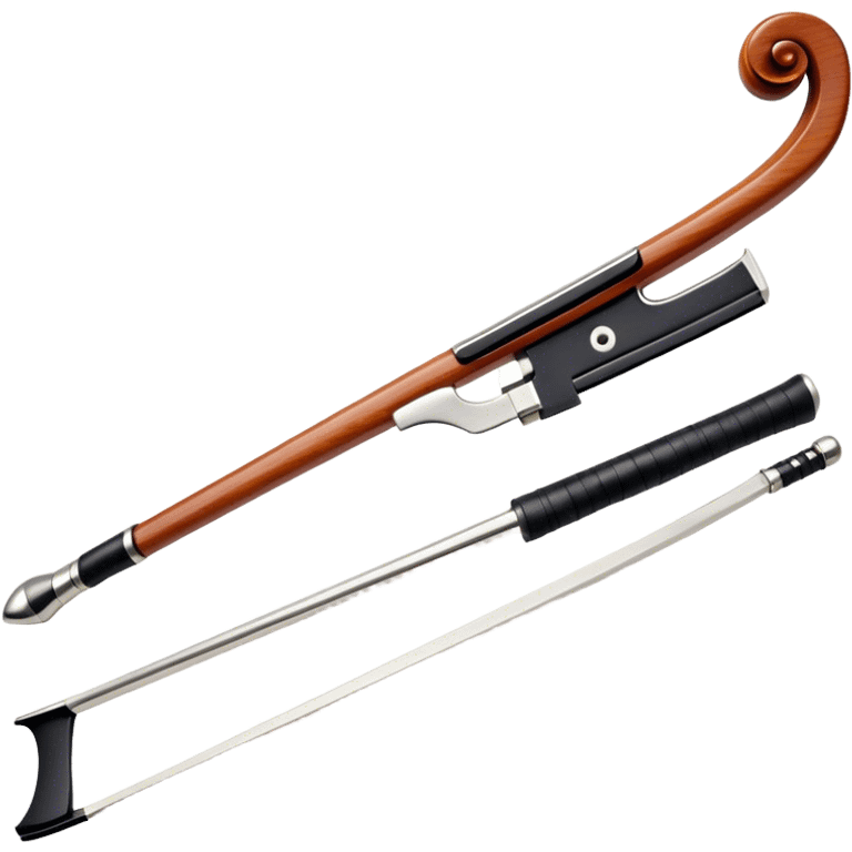 Create a detailed emoji representing a cello bow. The design should feature the elegant and slender shape of the bow, with visible intricate details like the fine wood texture, the metal ferrule, and the soft horsehair stretched tightly across it. Include subtle accents like the leather grip near the frog and delicate wooden finish. The bow should have a classic, polished look, with a touch of sophistication. Use warm wooden tones, silver, and black to highlight the craftsmanship of a professional cello bow. The background should be transparent. emoji