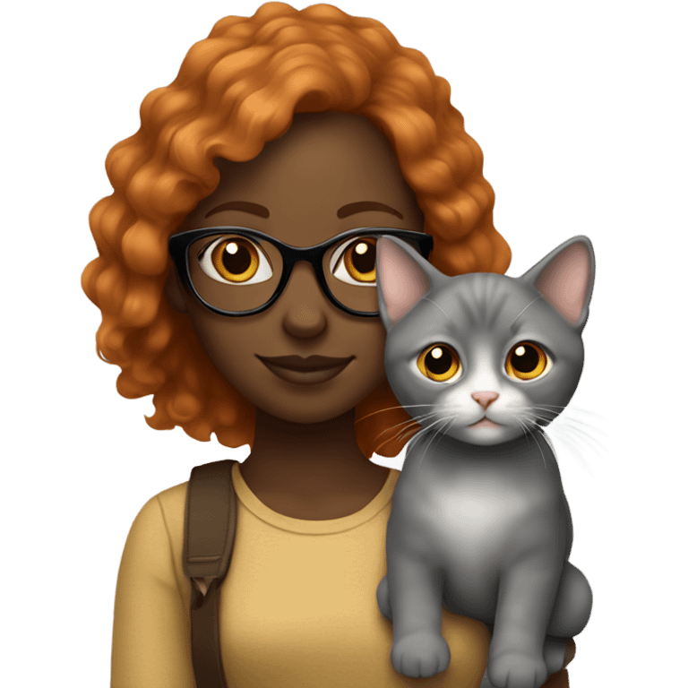 Black girl holding a grey kitten. The girl has ginger hair and wears glasses emoji