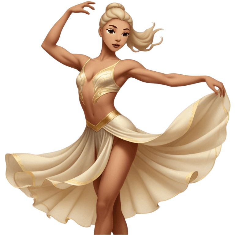 Cinematic Realistic Dance Poses, an elegant dancer mid-motion, muscles tensed with control, soft fabric of their attire flowing with movement, dramatic lighting highlighting the graceful lines, glowing with passion and poise. emoji