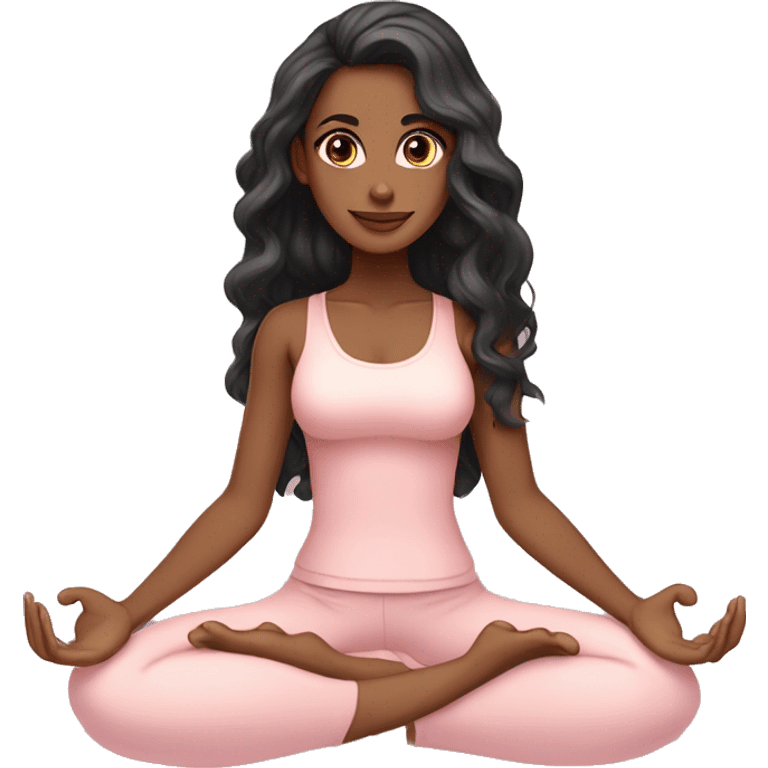 black long wavy hair and brown eyes with light tan skin yoga girl in light pink clothes sitting on a yoga mat  emoji