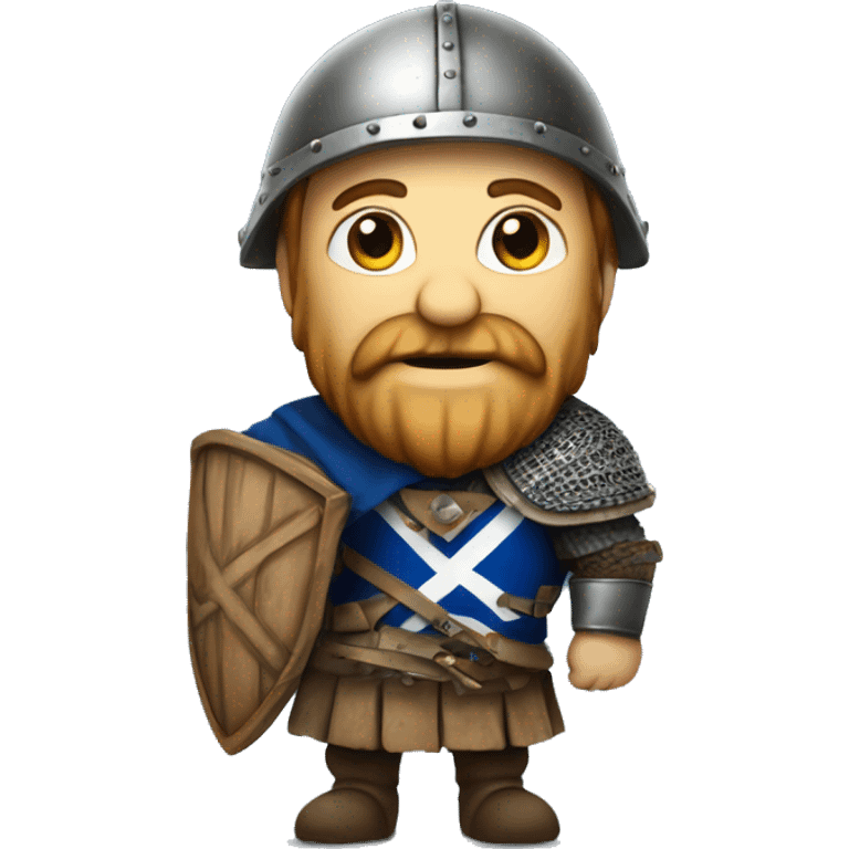 A small medieval Scottish man holding the Scottish flag with a Scottish helmet, with a beard emoji