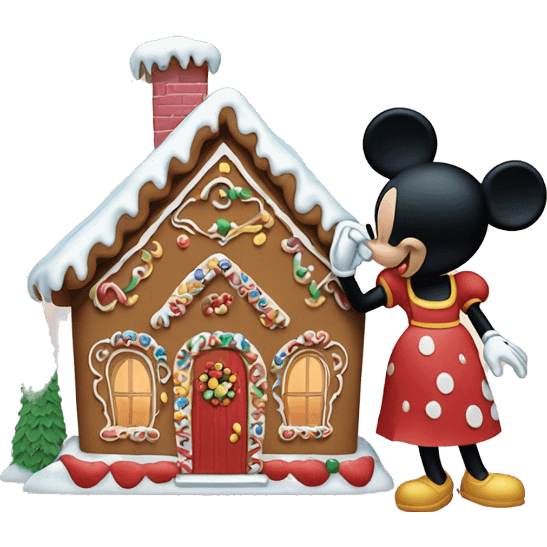 mickey mouse and minnie mouse in front of a beautiful gingerbread house  emoji